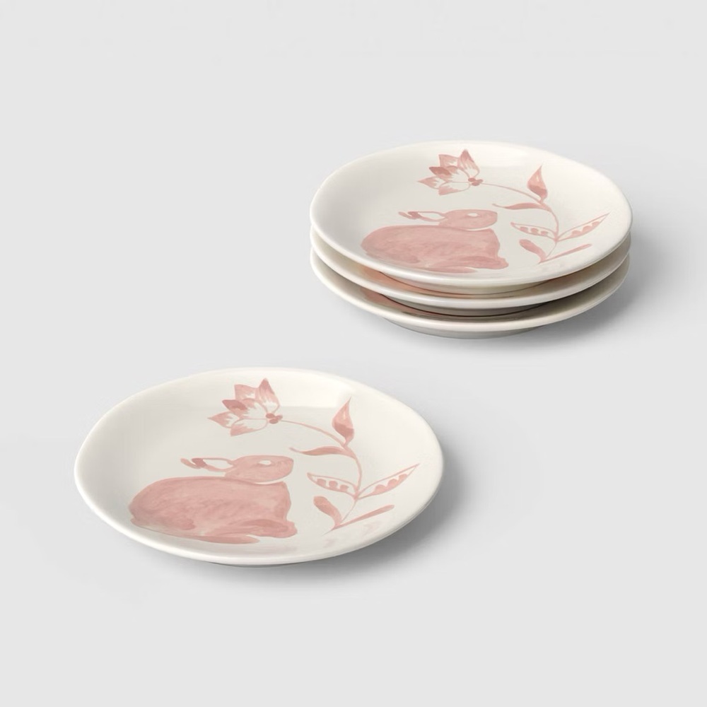 4pk nwt 6" Easter Stoneware Aralia Appetizer Plates Hand Painted Pink Threshold